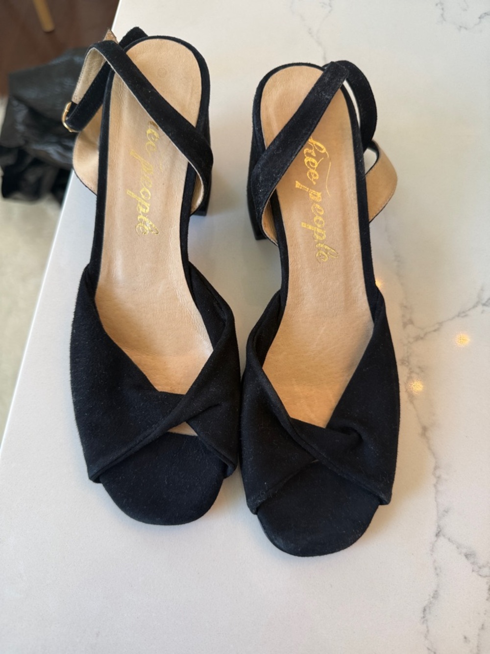 Free People Black Suede Twist Front Slingback Heels